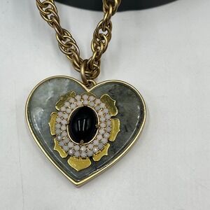 Juicy Couture Vintage Greenish Stone Black Cabochon Heart Antiqued Long Necklace